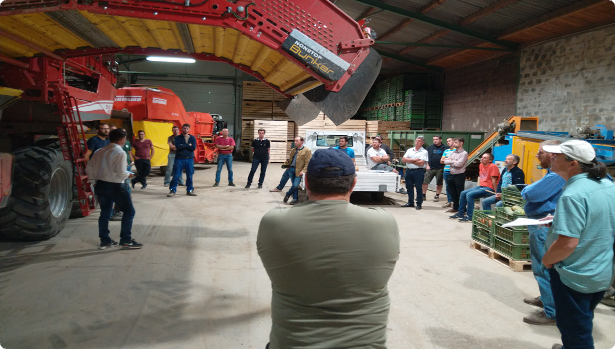 Menschen vor Kartoffelroder