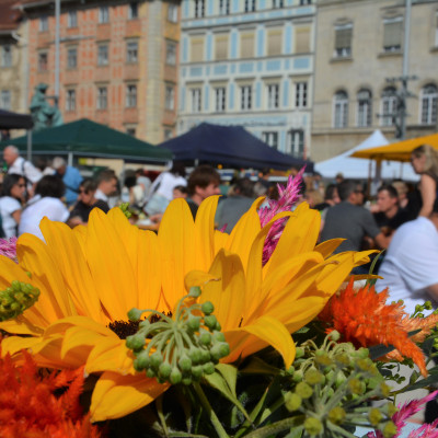 Blumen und Tische am Hauptplatz Graz