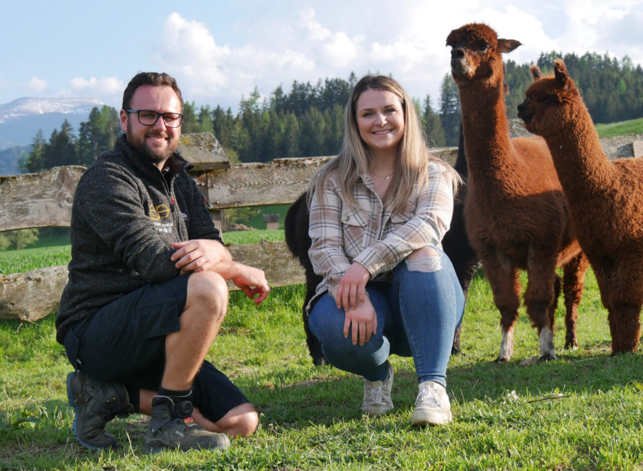 Bäuerin und Bauer mit Alpaka