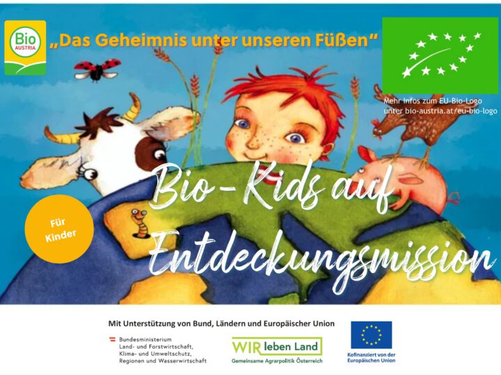 Einladung zu einer Bio-Bodenveranstaltung. Weltkugel über deren Rand eine Kuh, ein Kind, ein Ferkel, ein Huhn schauen,
